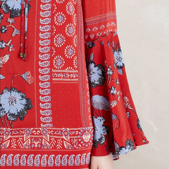 Anthro Vanessa Virginia Silk Paisley Floral Bell Sleeve Dress - Picture 3 of 9